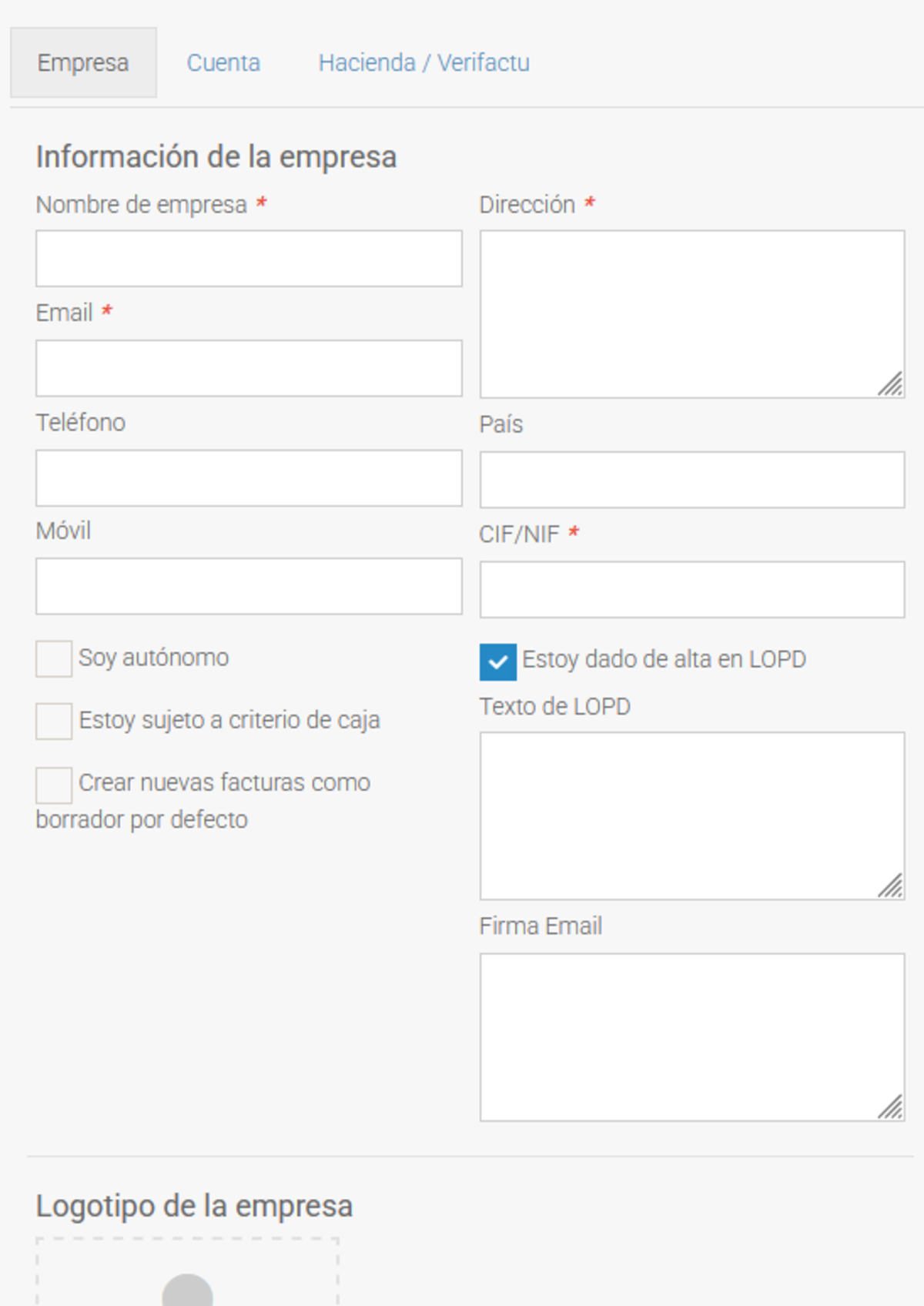 Captura 04: Configuración → Empresa (datos fiscales, logotipo, banco)