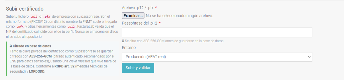 Captura 05:Configuración → Hacienda: subir certificado