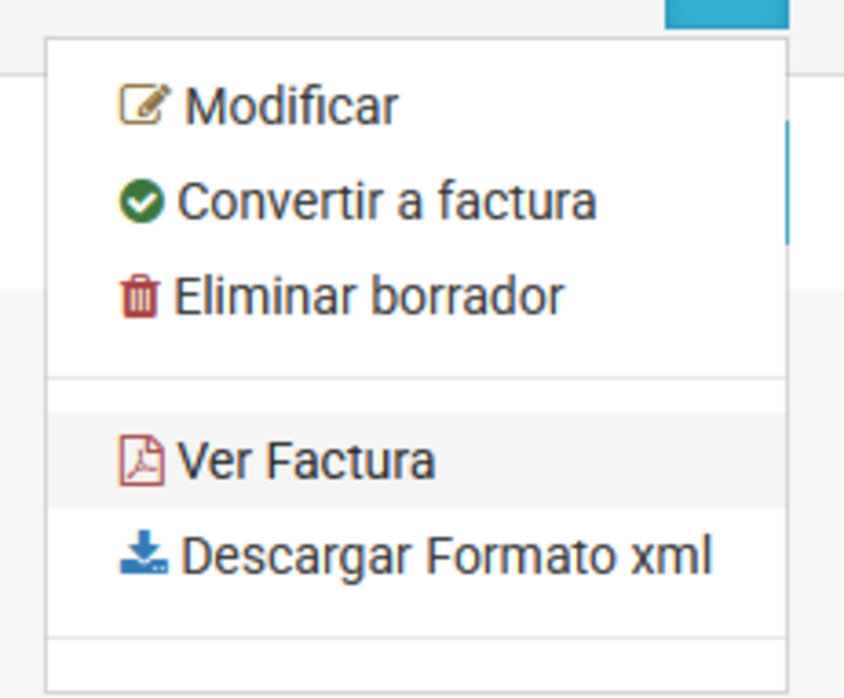 Captura 12:Botón «Terminar factura» en el dropdown del borrador
