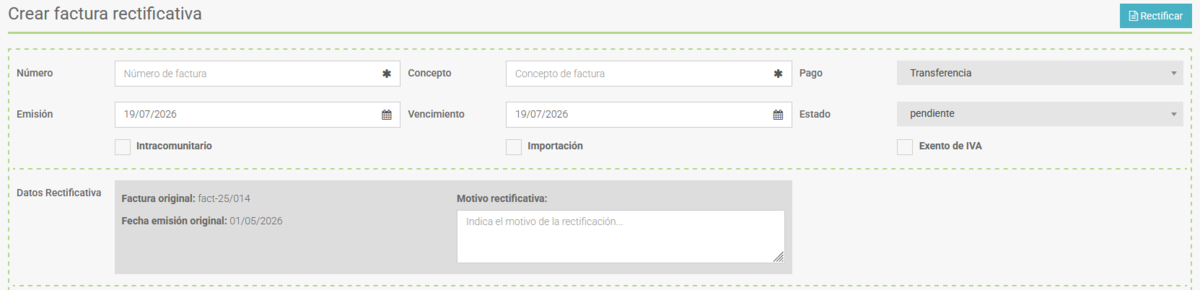 Captura 16:Botón «Crear rectificativa» + formulario resultante