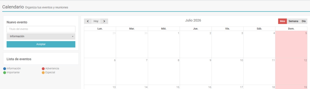 Captura 24:Vista mensual del calendario con eventos de distintos tipos