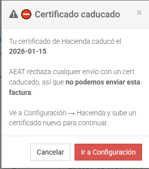 Captura 27:Modal «Certificado caducado» que aparece al intentar emitir